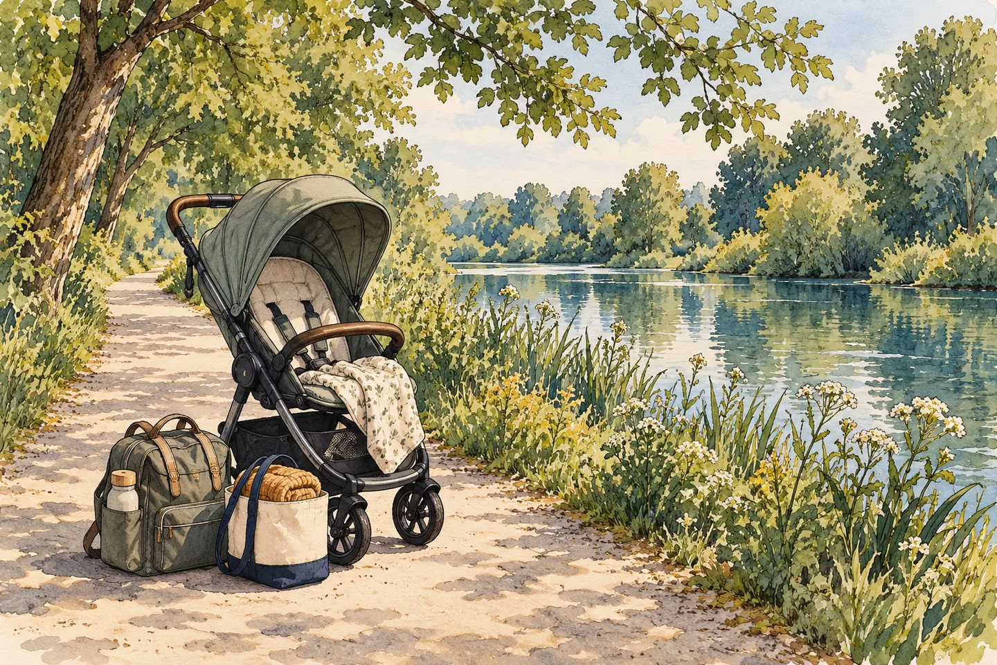 Illustration : poussette vide et sacs sur un chemin près de l’eau