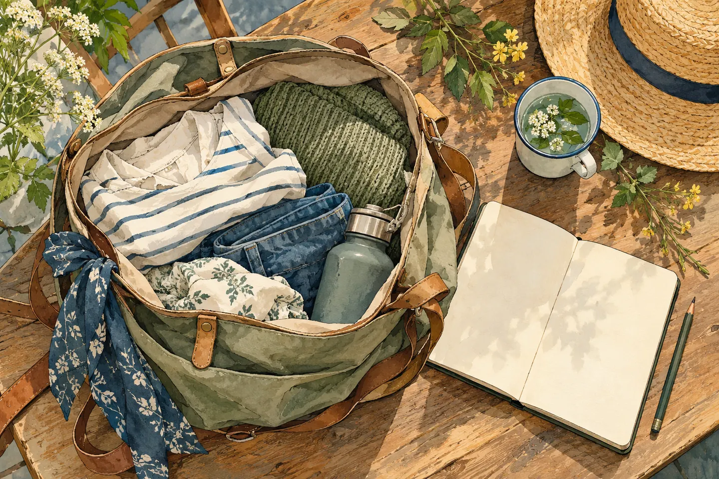 Illustration : sac ouvert avec vêtements, gourde et carnet