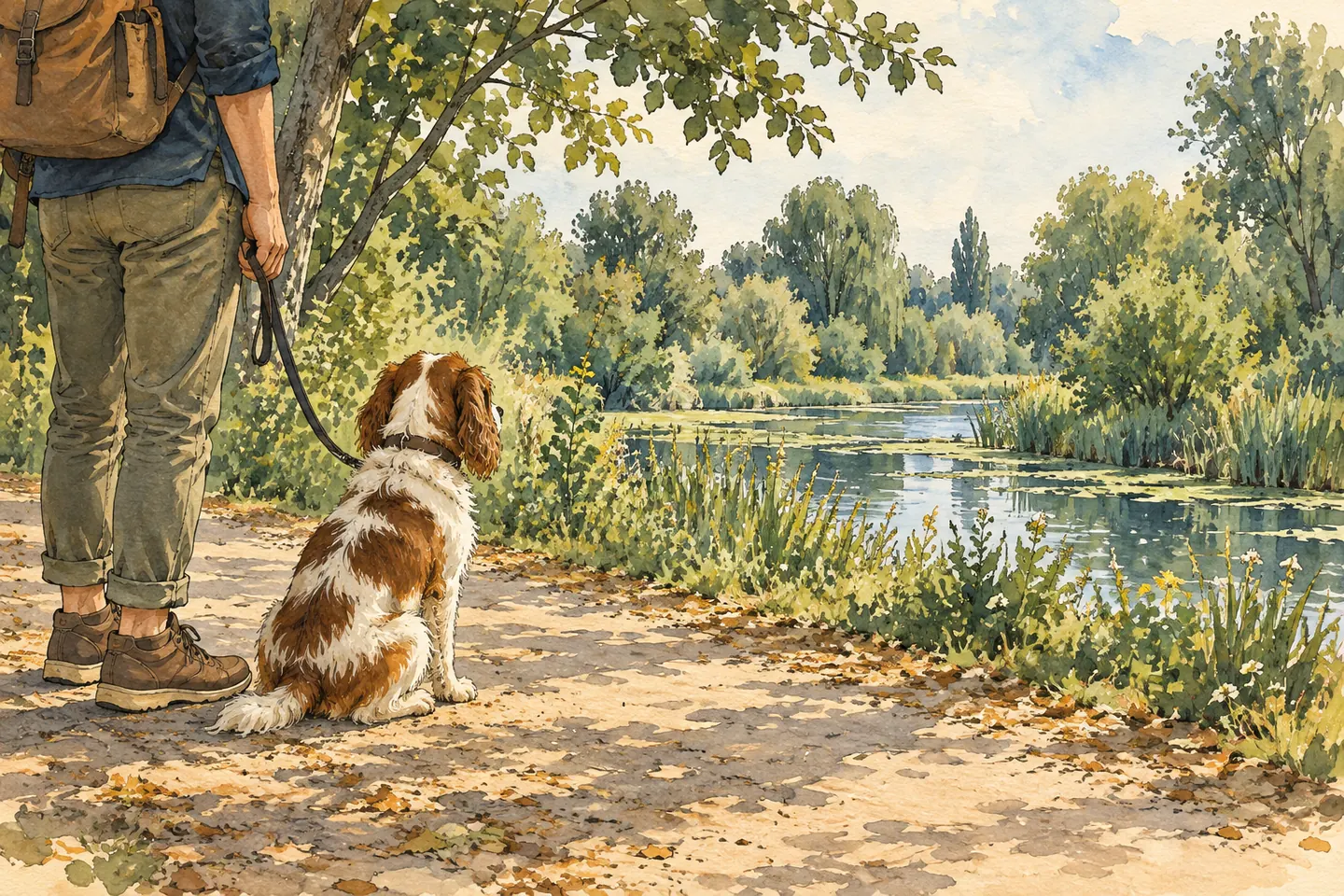 Illustration : chien en laisse et son maître sur un chemin végétalisé