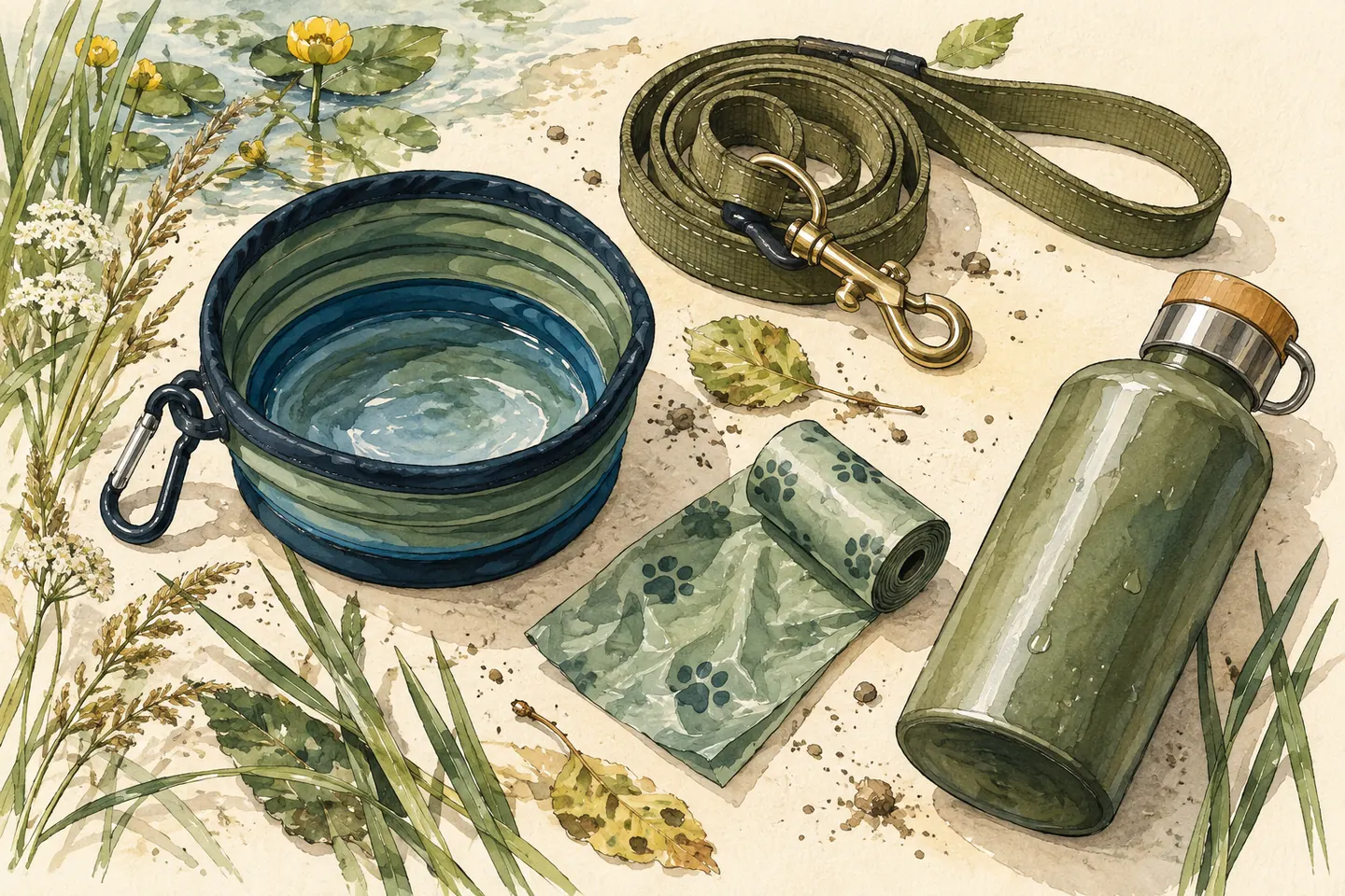 Illustration : gamelle, laisse, gourde et sacs de ramassage