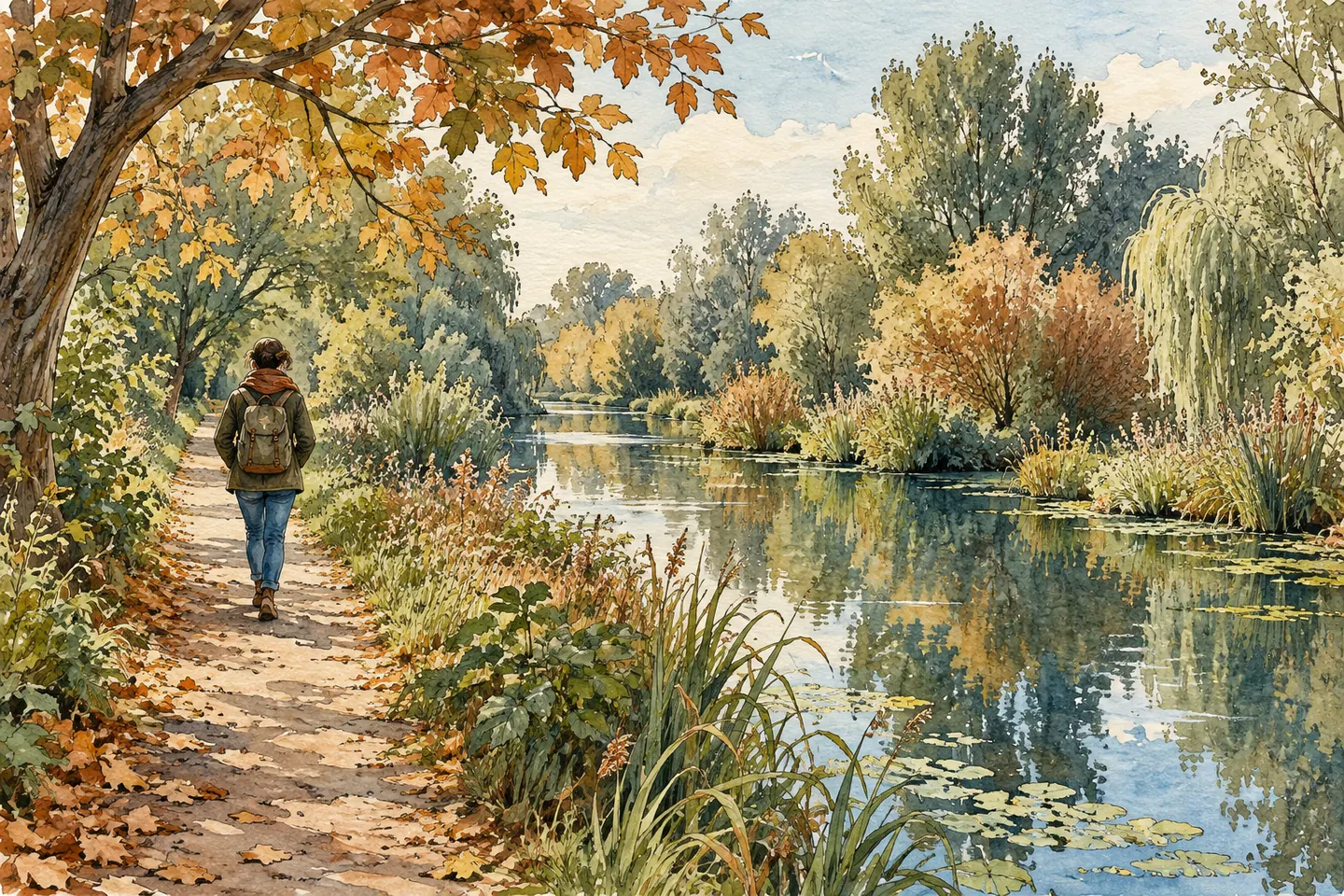 Illustration : promeneur et feuillages d’automne au bord d’un canal imaginaire
