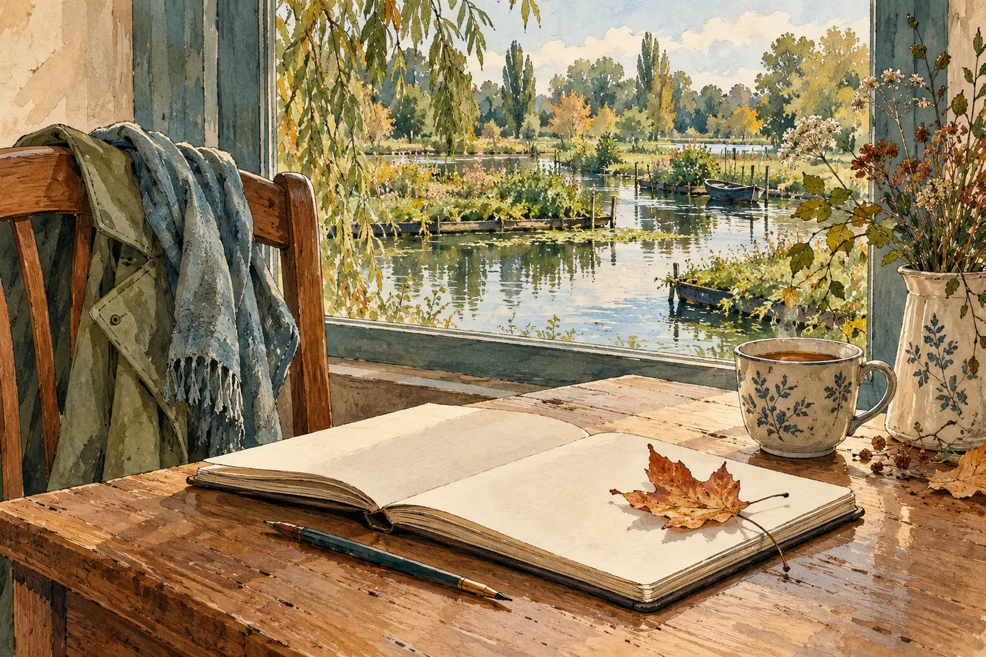 Illustration : carnet et feuille d’automne près d’une tasse