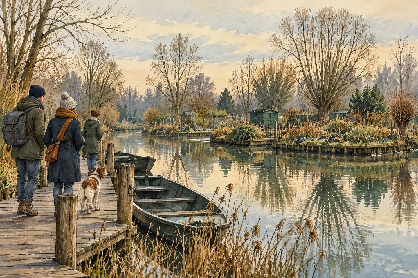 Illustration : promeneurs vêtus pour l’hiver près d’un canal imaginaire