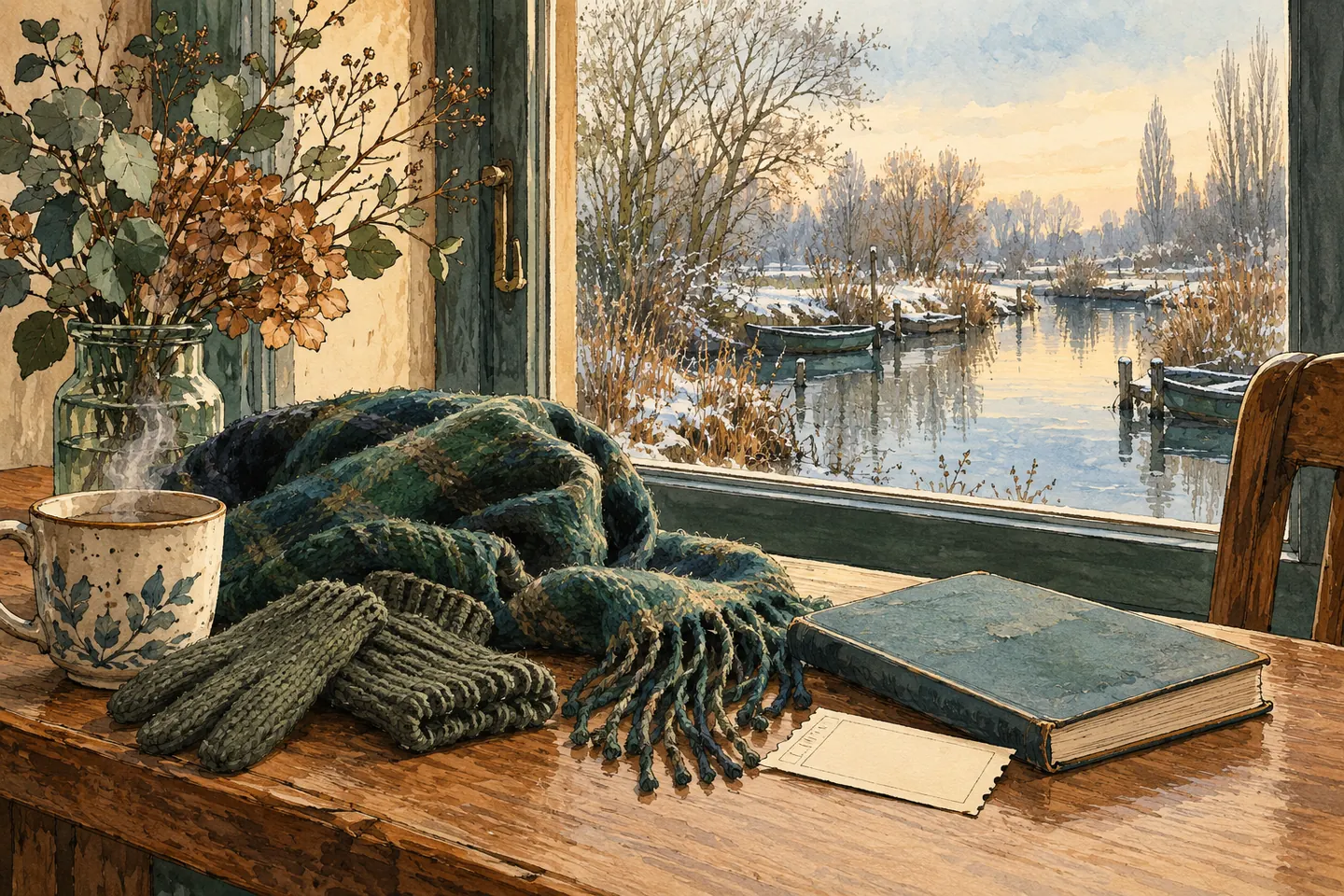 Illustration : gants, écharpe et livre près d’une fenêtre hivernale