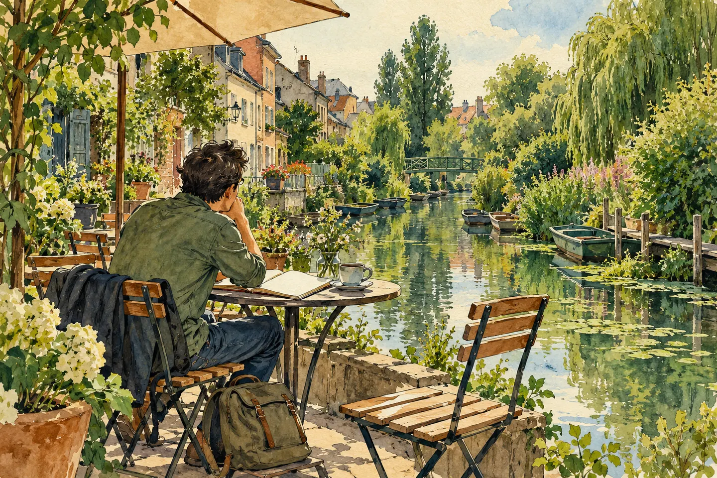 Illustration : voyageur seul avec carnet à une terrasse imaginaire