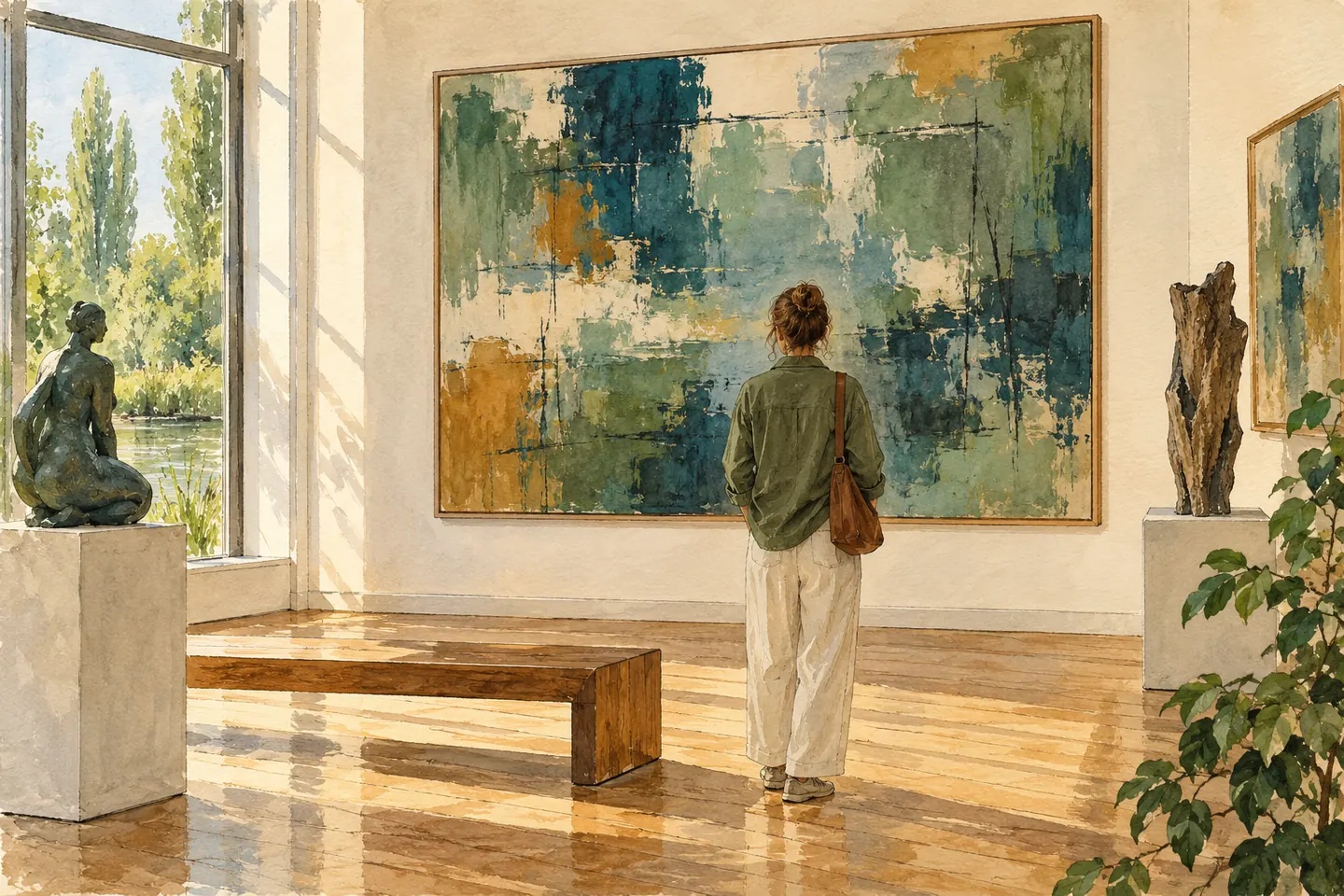 Illustration : personne observant une œuvre abstraite dans un musée imaginaire