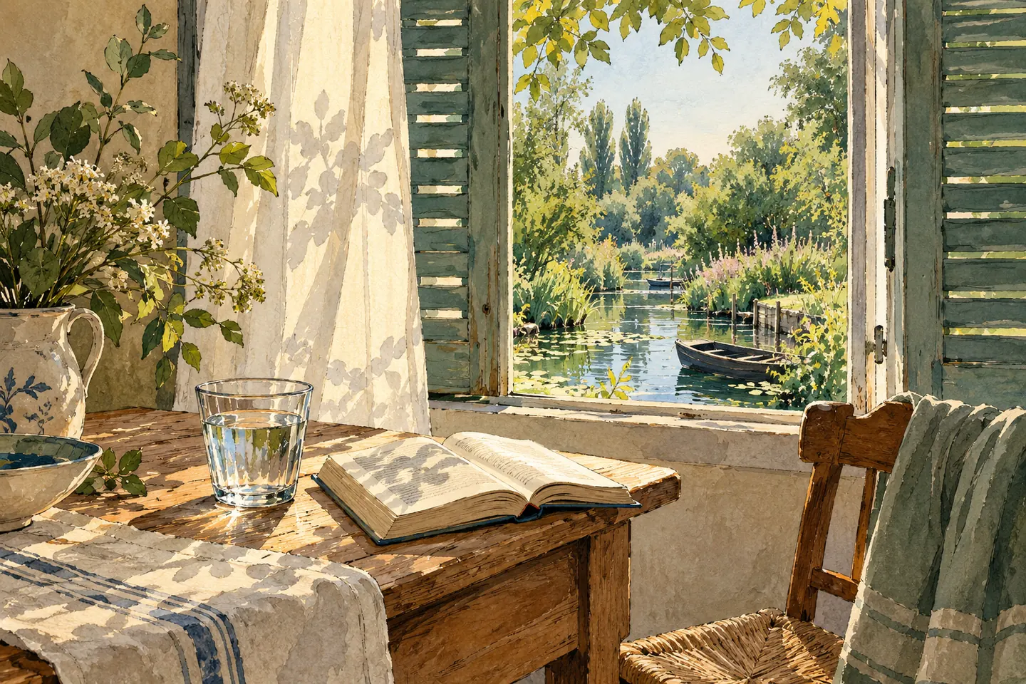 Illustration : pause avec un verre d’eau et un livre dans une pièce imaginaire