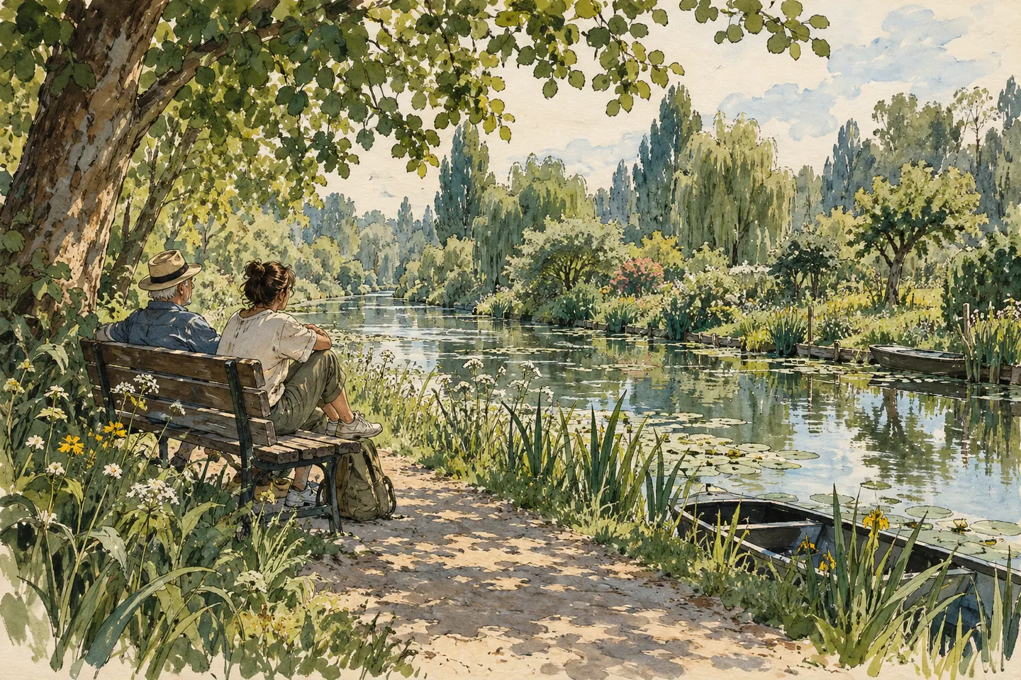 Illustration : deux adultes prennent une pause sur un banc près de l’eau