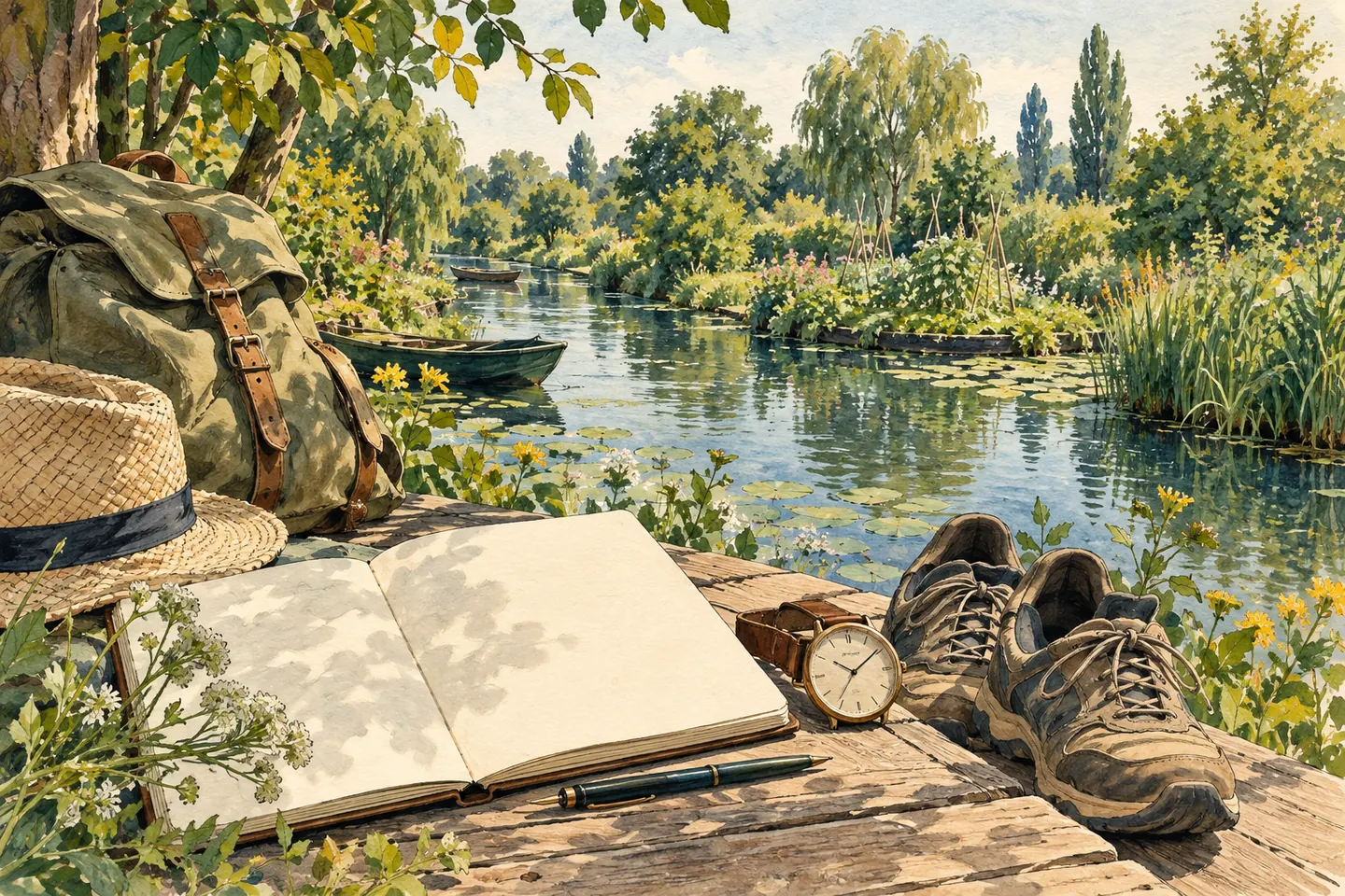 Illustration : carnet, montre et chaussures pour préparer un rythme lent