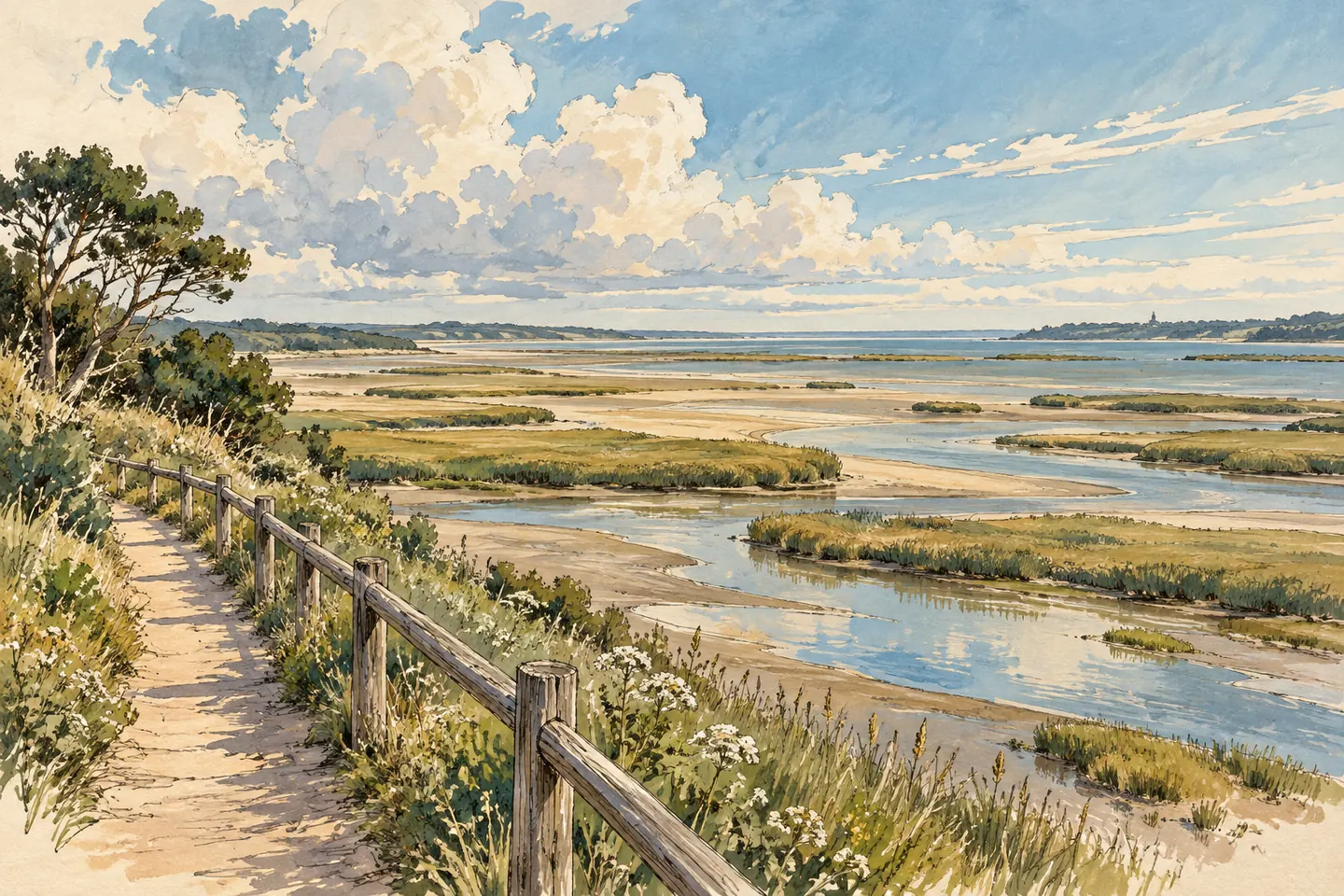 Illustration : paysage estuarien imaginaire vu depuis une promenade terrestre