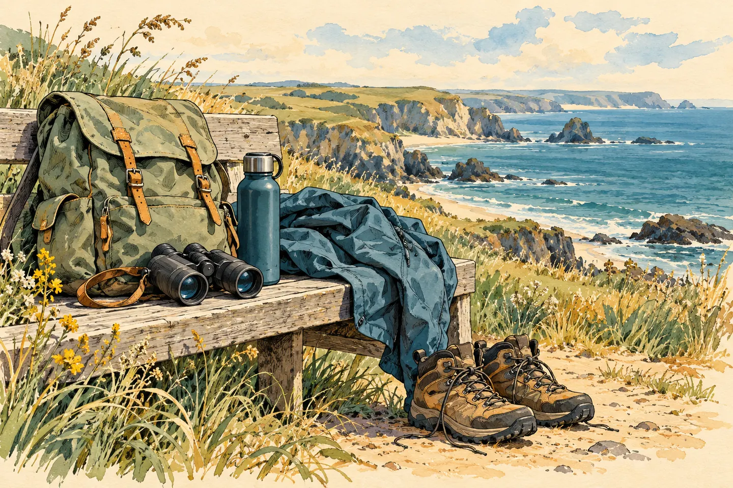 Illustration : sac, jumelles, gourde, coupe-vent et chaussures pour une excursion