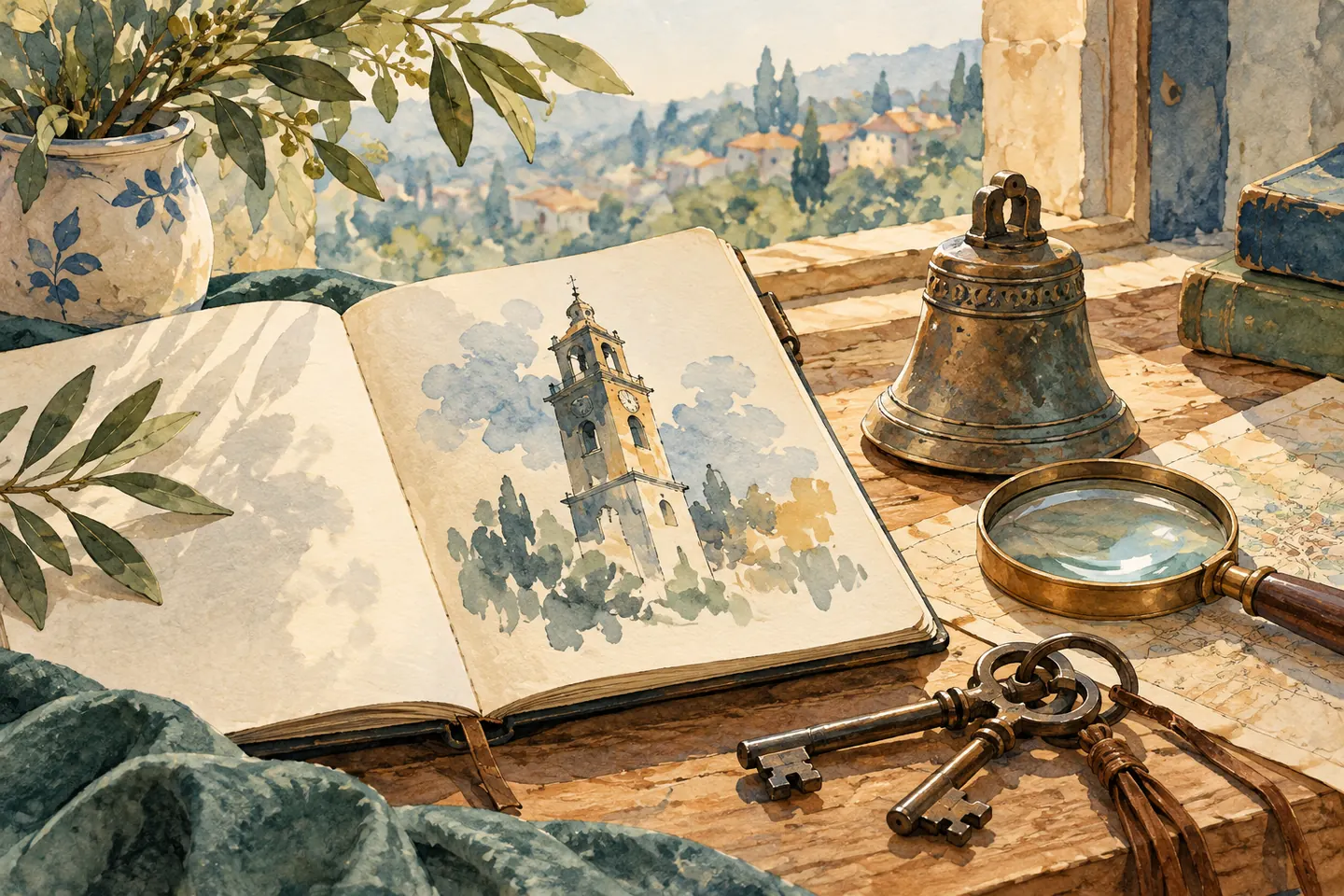 Illustration : carnet avec un croquis de tour imaginaire, cloche, loupe et clés anciennes