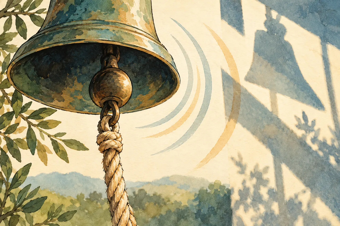 Illustration : cloche de bronze, corde tressée et ombres sur un fond clair