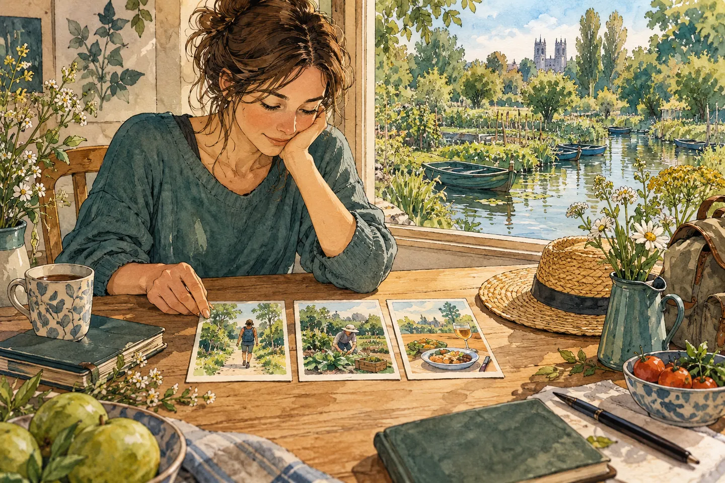 Illustration : voyageuse comparant des idées de promenade, culture et repas