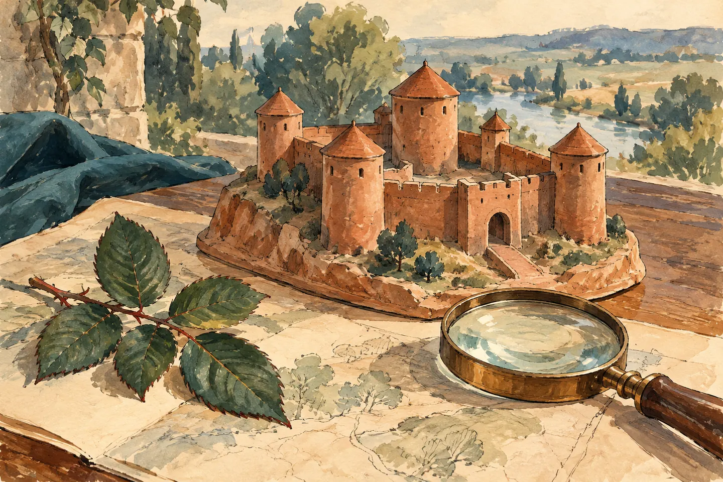 Illustration : maquette de forteresse imaginaire, feuille et loupe