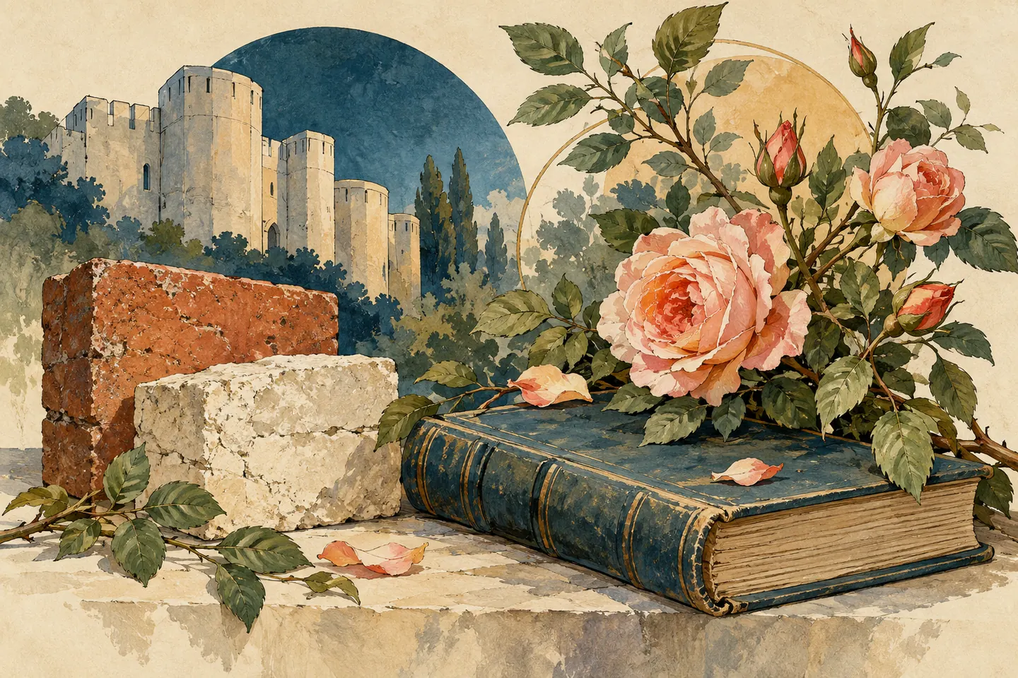 Illustration : roses, livre fermé, brique et pierre claire