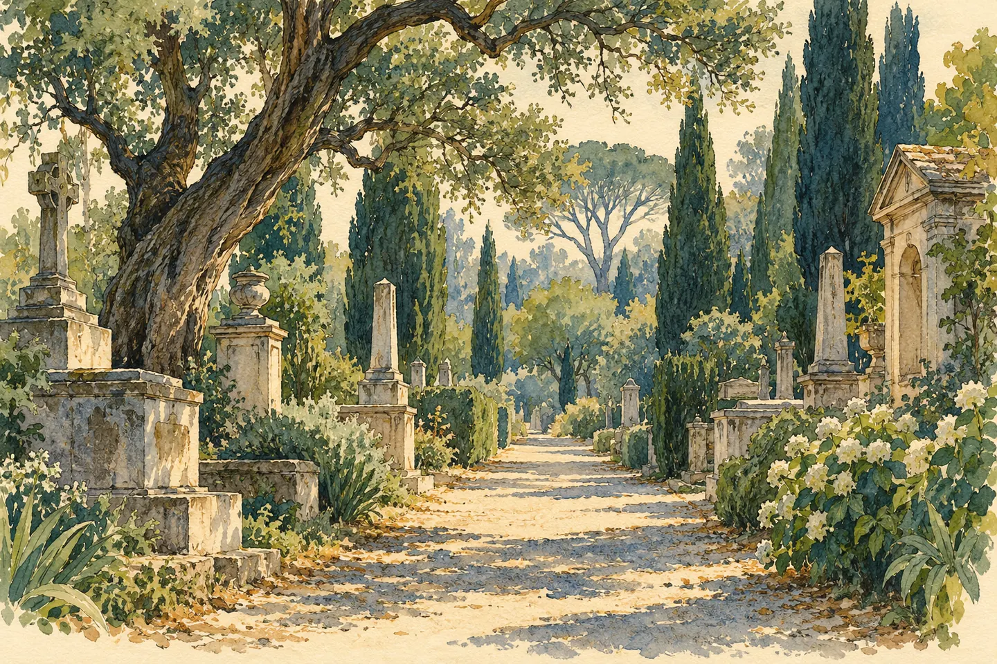 Illustration : allée calme d’un cimetière paysager imaginaire sous de vieux arbres