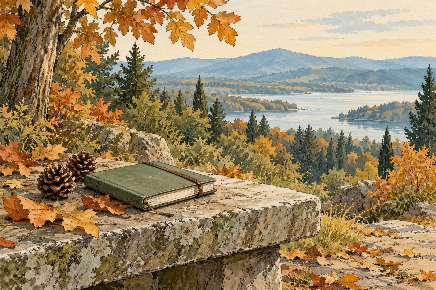Illustration : carnet fermé, feuilles d’automne et cônes de conifère sur un banc