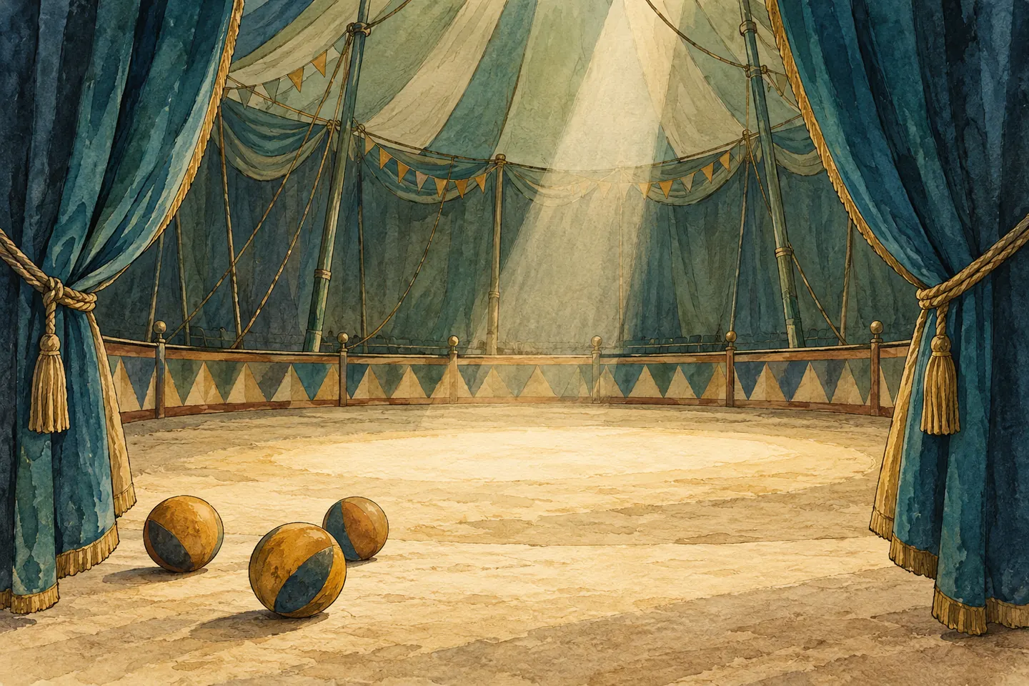 Illustration : piste imaginaire de cirque, rideaux et trois balles de jonglage