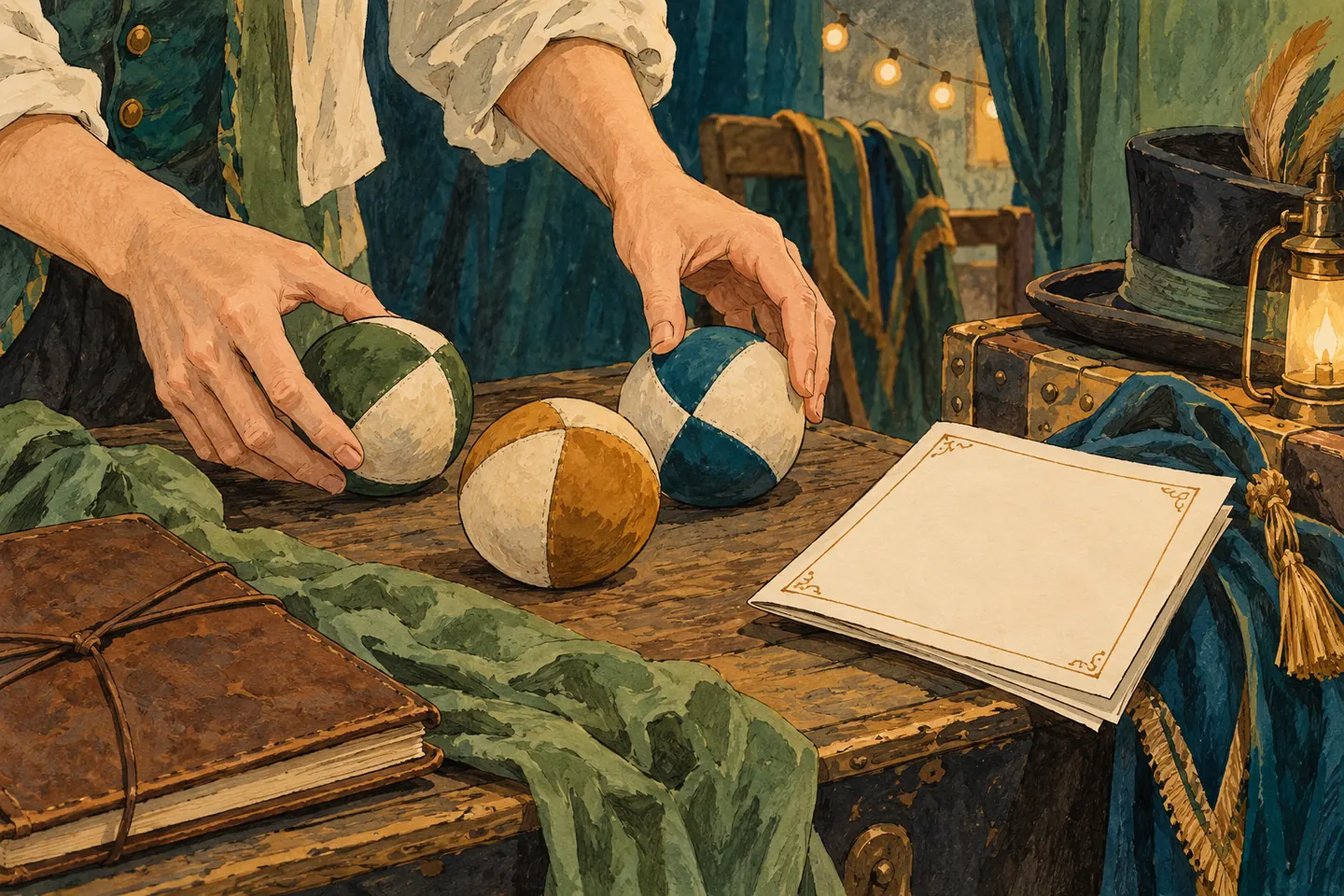 Illustration : mains plaçant des balles de jonglage près d’un programme vierge