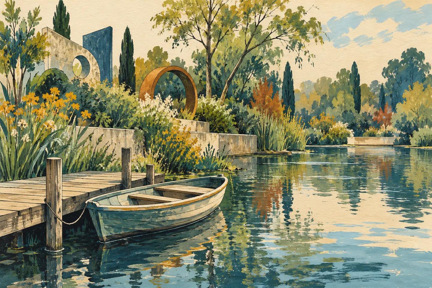Illustration : barque amarrée près d’un jardin artistique imaginaire