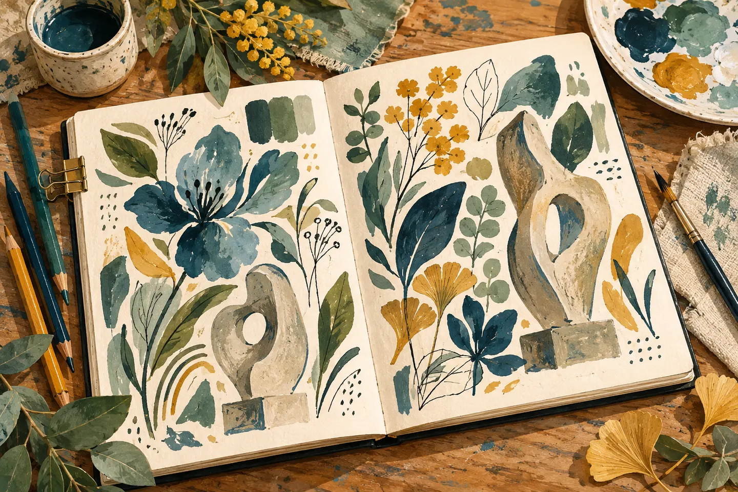 Illustration : carnet de fleurs et de sculptures abstraites sans œuvre réelle reproduite