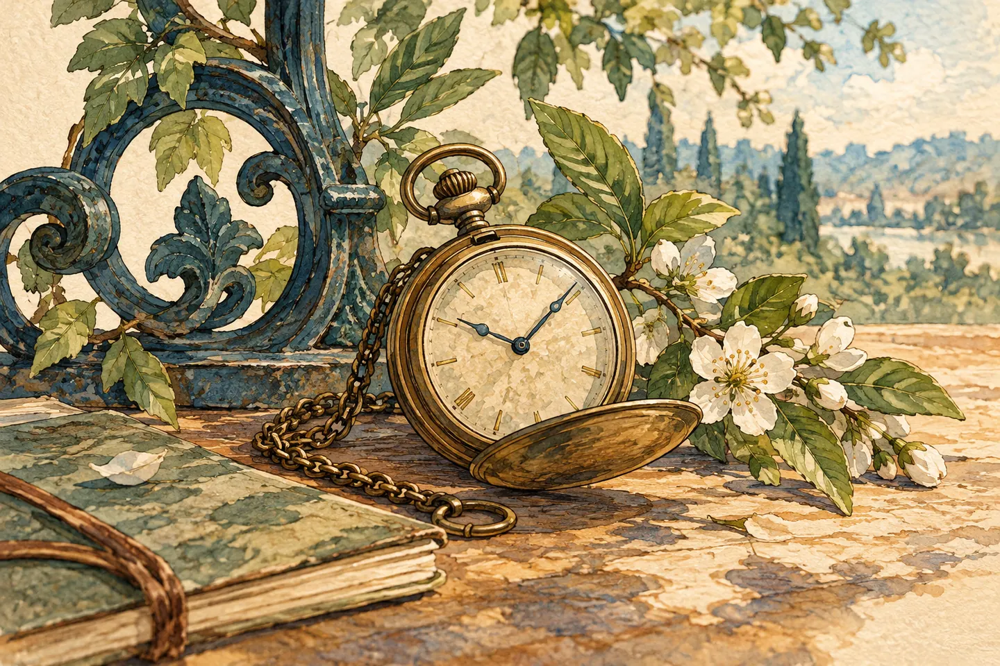 Illustration : montre ancienne, ferronnerie et branche fleurie