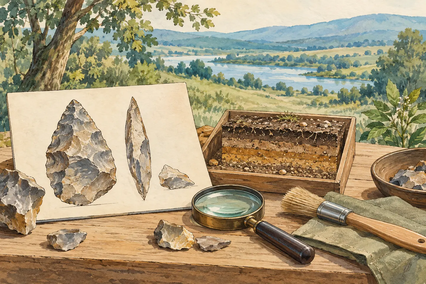 Illustration : silex dessinés, loupe et échantillon schématique de terrain