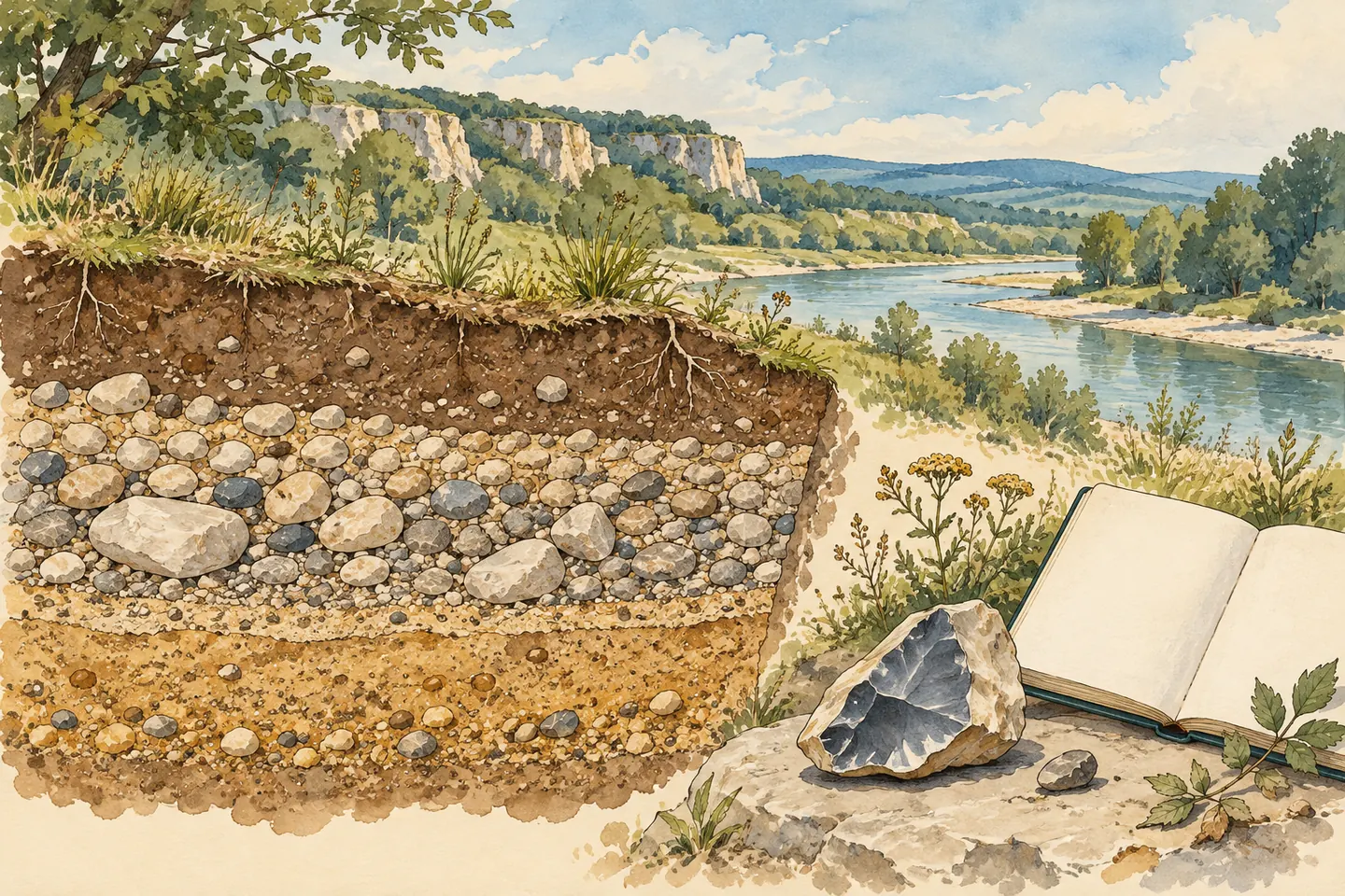 Illustration conceptuelle : couches de terrain et pierre taillée, sans échelle scientifique