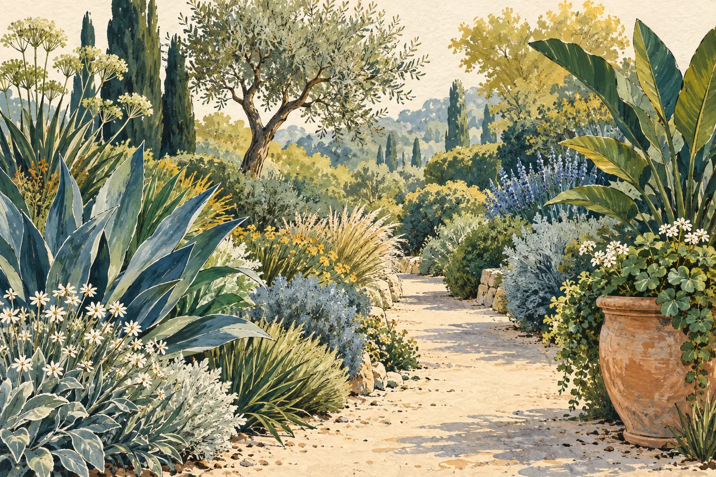 Illustration : allée dans un jardin botanique imaginaire aux feuillages variés