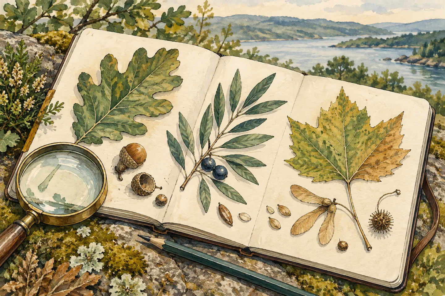 Illustration : feuilles, graines et loupe sur un carnet sans texte