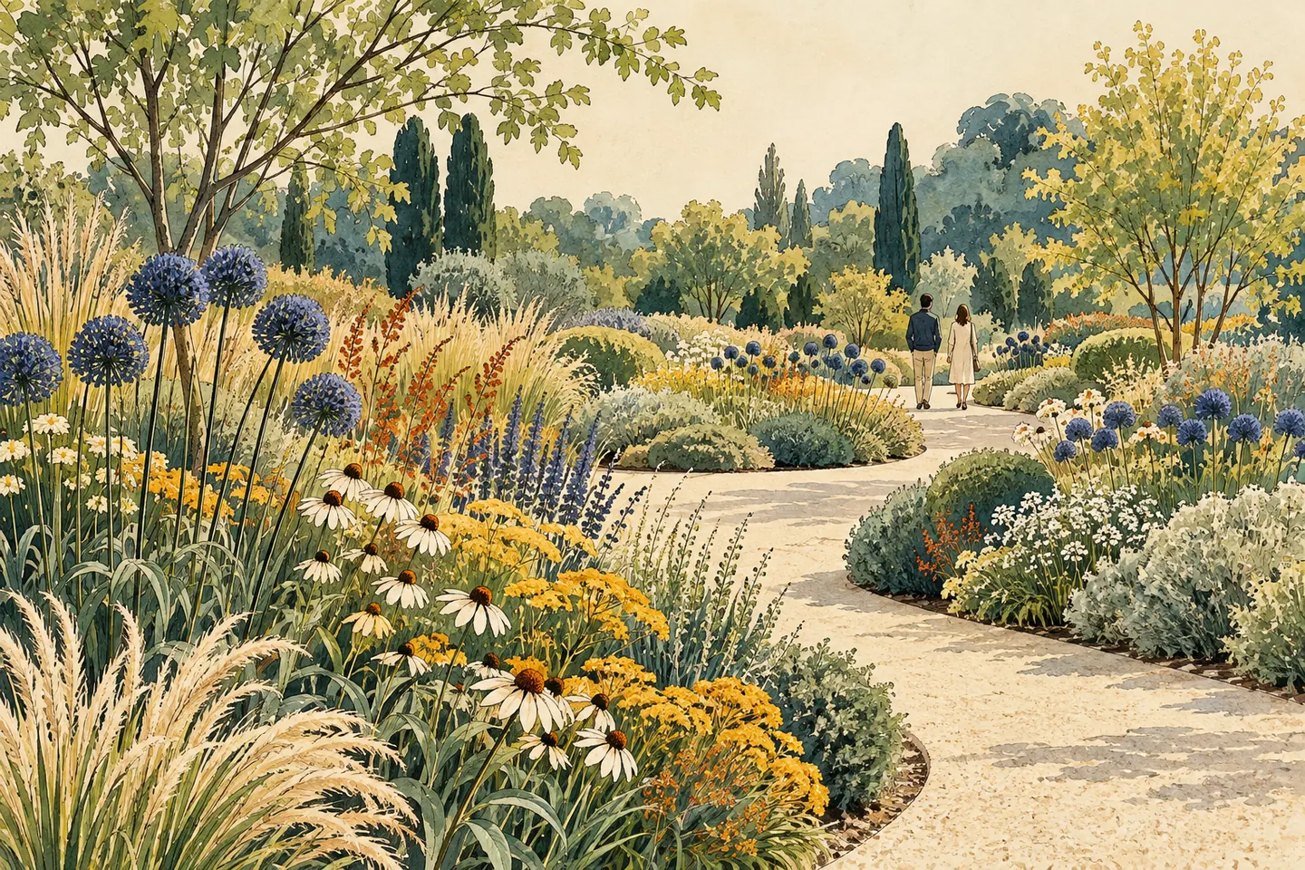 Illustration : deux promeneurs dans un jardin contemporain imaginaire