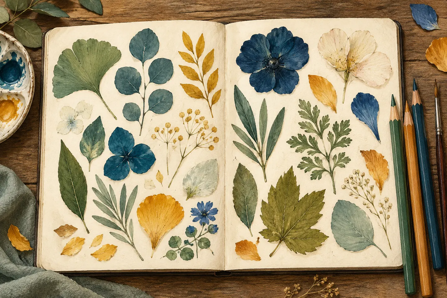 Illustration : nuancier végétal peint dans un carnet, sans identification botanique