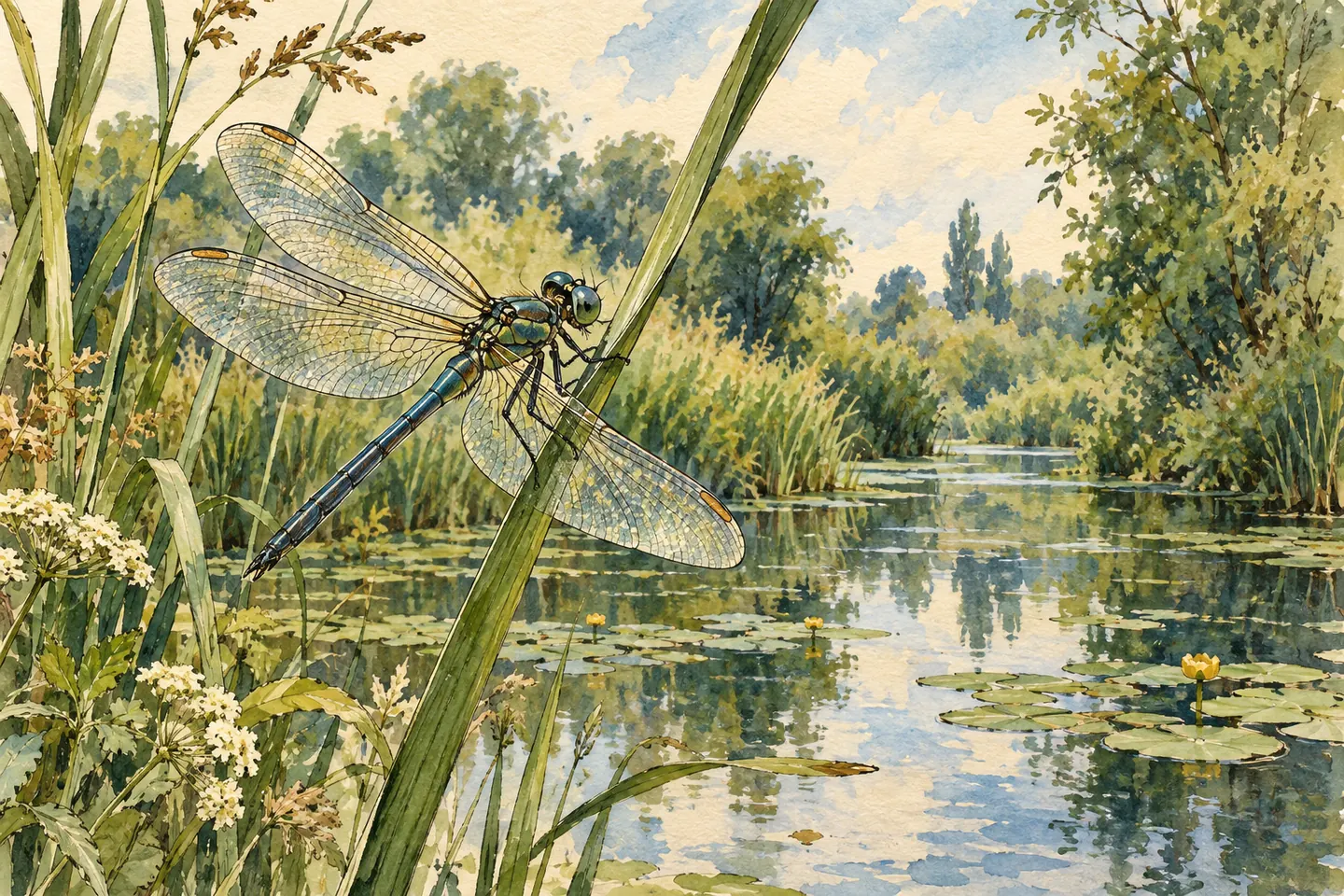 Illustration évocatrice : libellule sur une tige, sans identification d’espèce