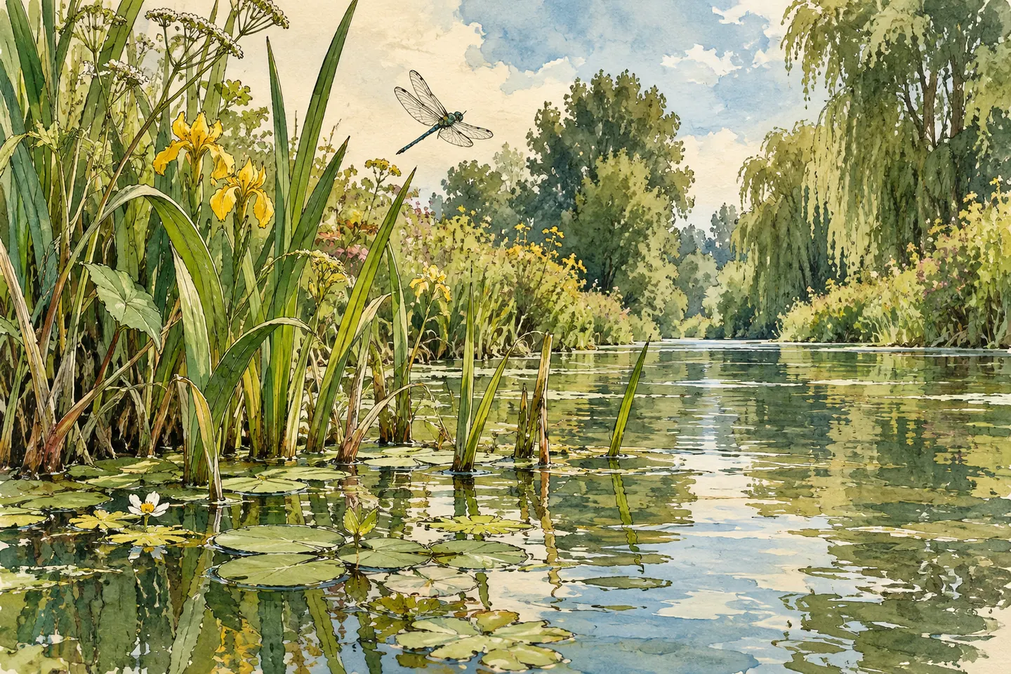 Illustration évocatrice : végétation de berge et insecte au-dessus de l’eau