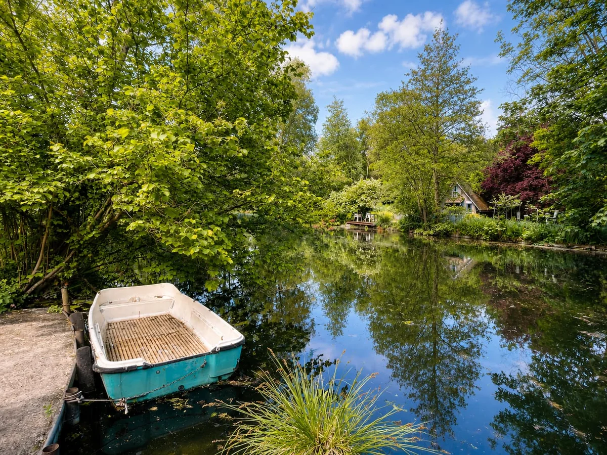 La barque amarrée au ponton de l’étang de L’Étang aux Libellules, entourée d’arbres et de reflets