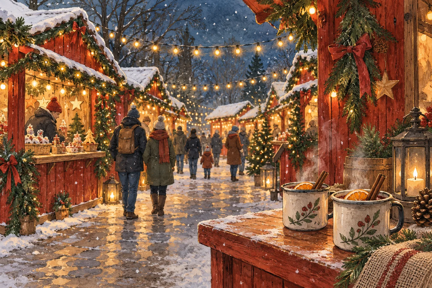 Illustration : allée de chalets de Noël rouges illuminés au crépuscule, avec deux tasses de vin chaud au premier plan