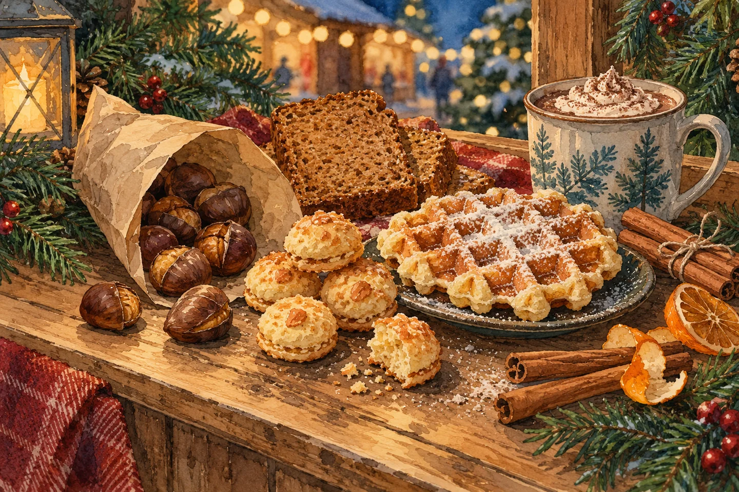 Illustration : petits gâteaux aux amandes, gaufre, marrons chauds, pain d’épices et chocolat chaud sur le comptoir d’un chalet
