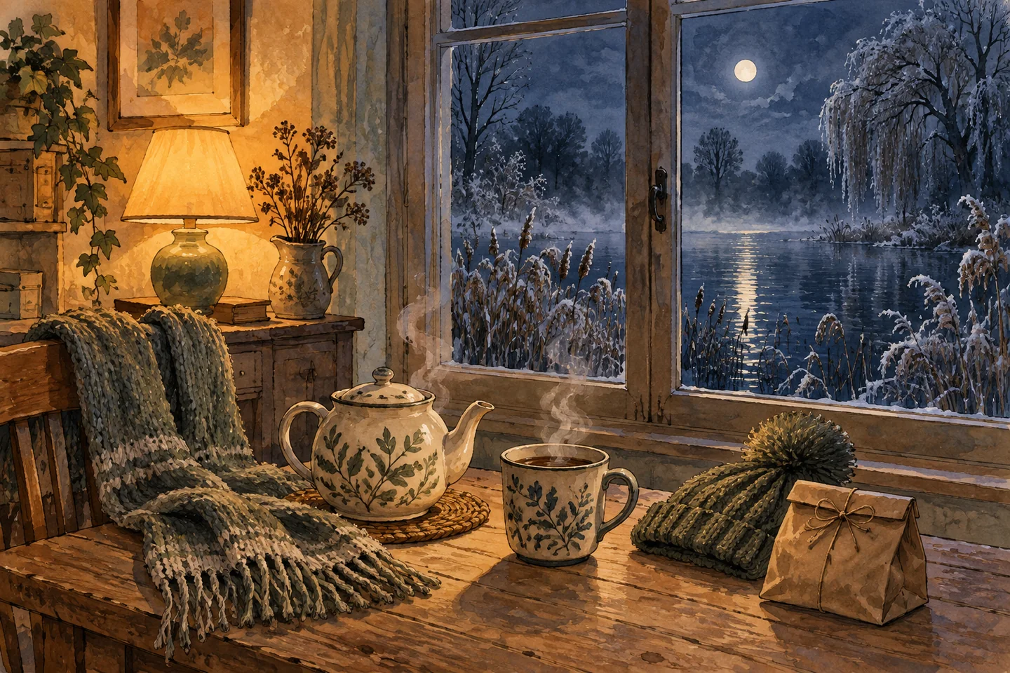 Illustration : table près d’une fenêtre avec thé fumant et écharpe, face à un étang brumeux de nuit en hiver