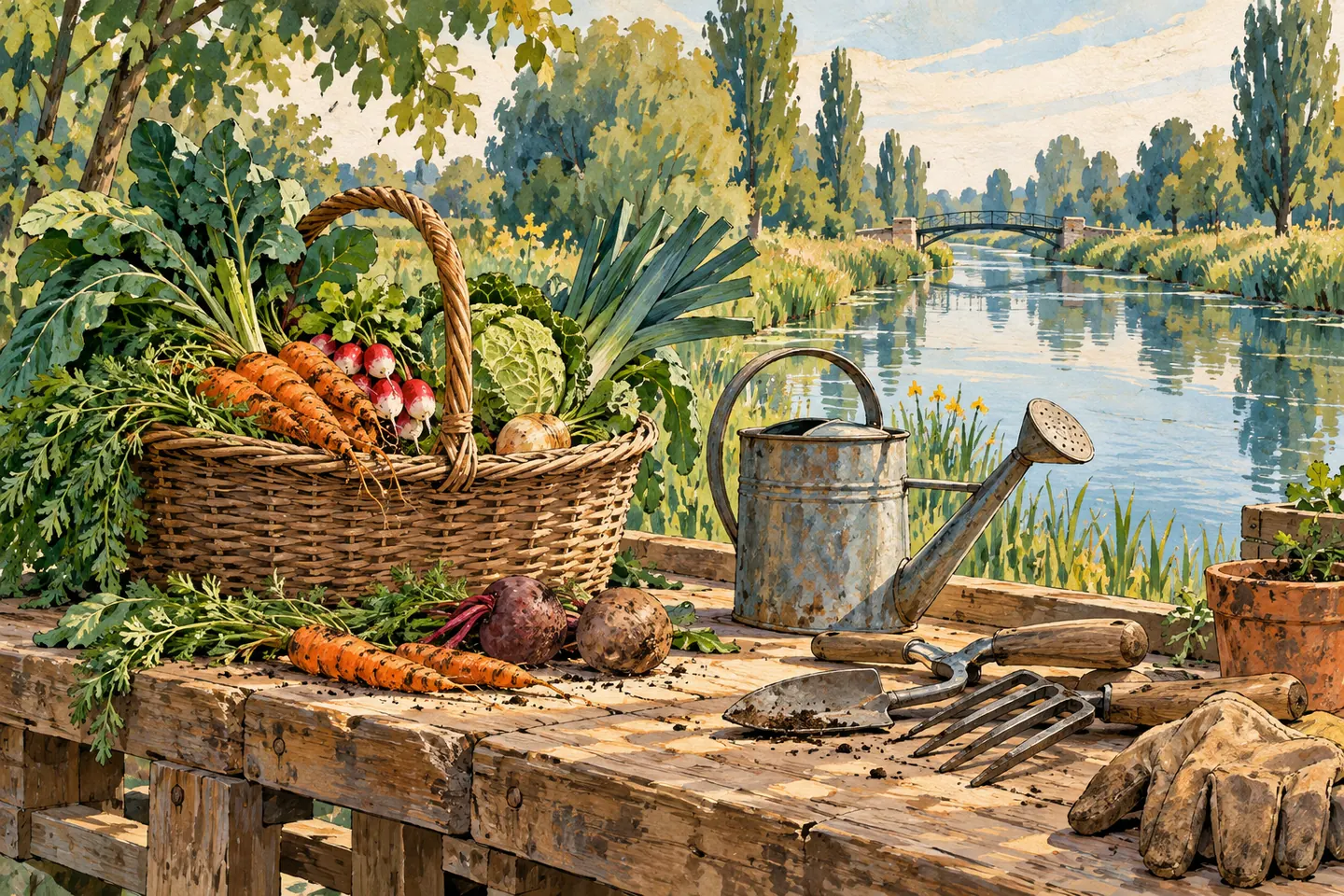 Illustration : panier de légumes et outils près d’un canal imaginaire
