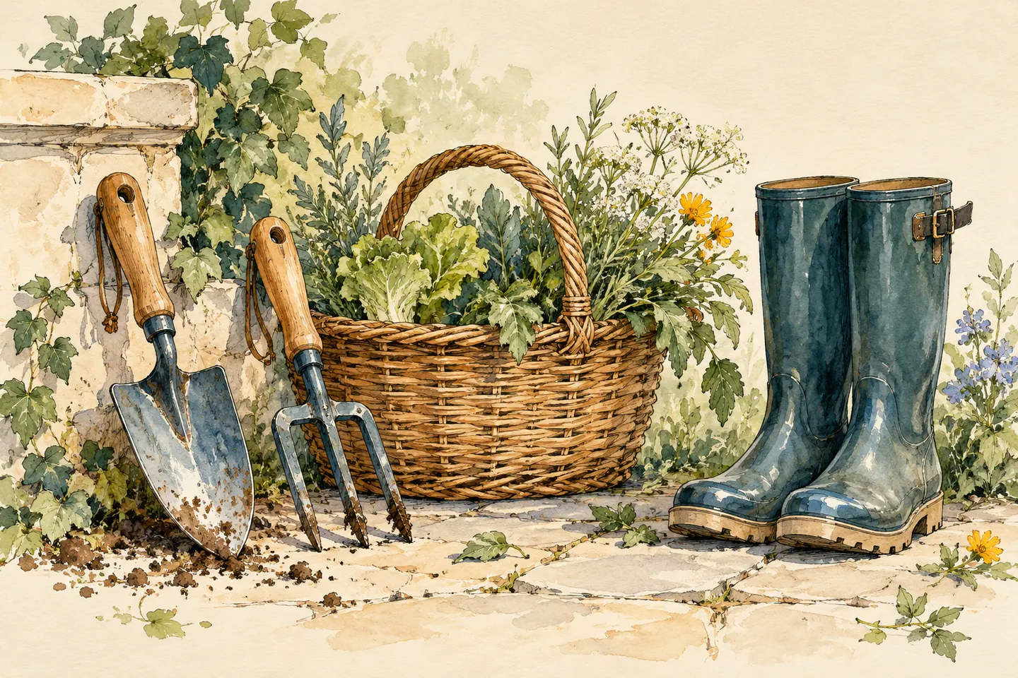 Illustration : outils de jardinage, panier et bottes de maraîcher