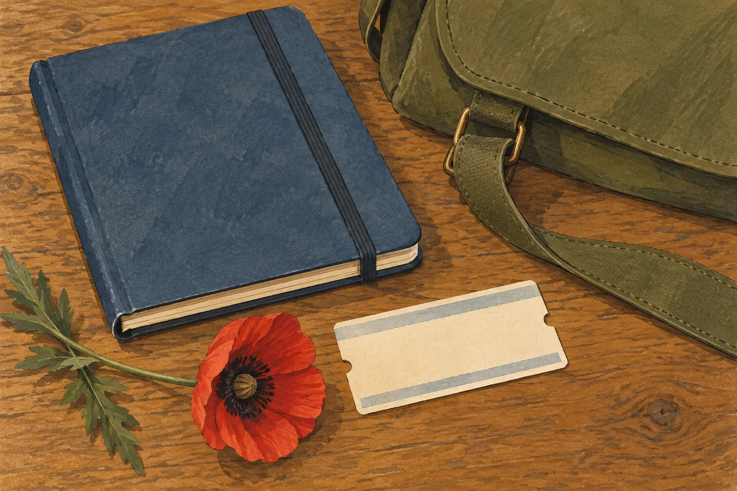 Illustration : carnet fermé, billet vierge, sangle de sac et coquelicot sur une table.