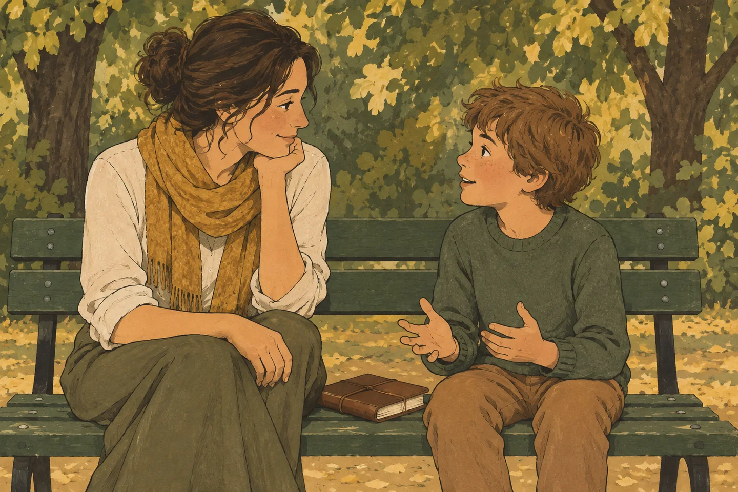 Illustration : un adulte et un enfant échangent sur un banc après une visite.