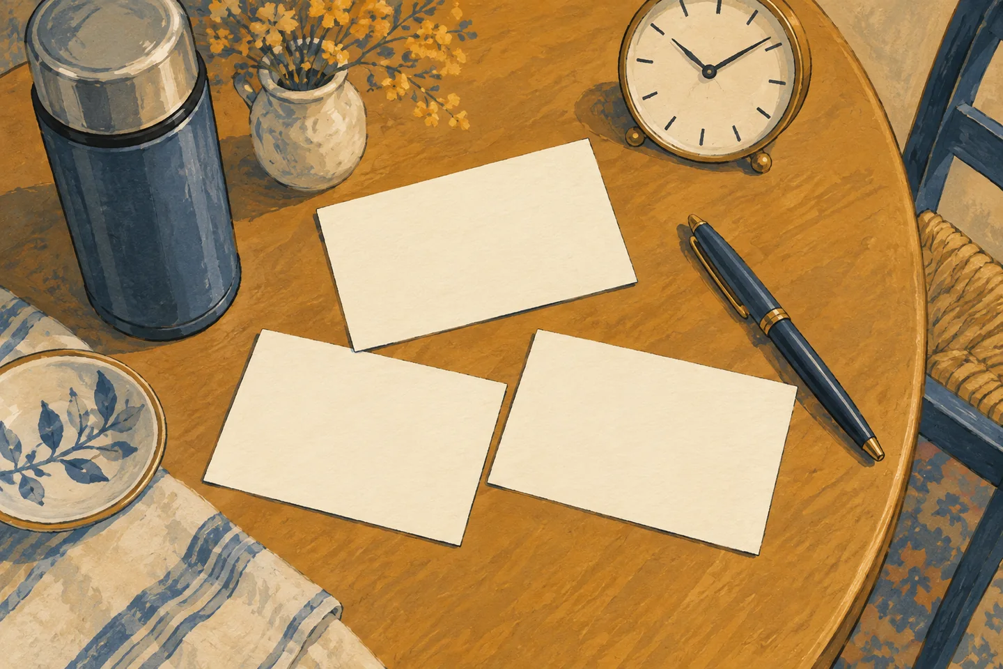 Illustration : fiches vierges, stylo, horloge et thermos pour organiser une sortie.