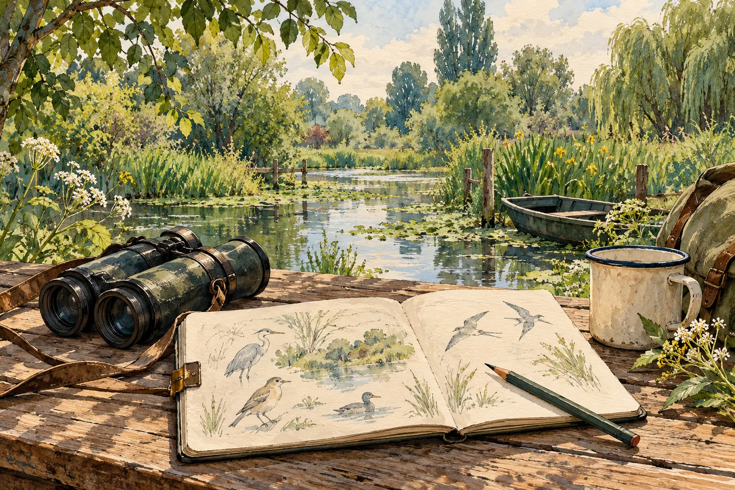 Illustration : jumelles et carnet de terrain avec esquisses d’oiseaux