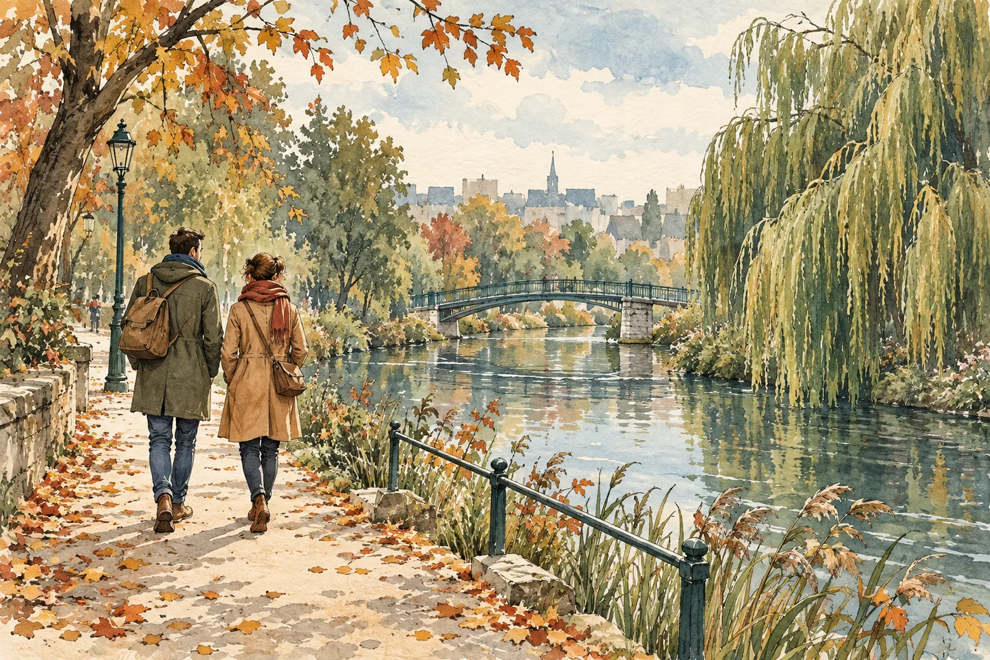 Illustration : deux visiteurs marchant au bord de l’eau sous les arbres d’automne.