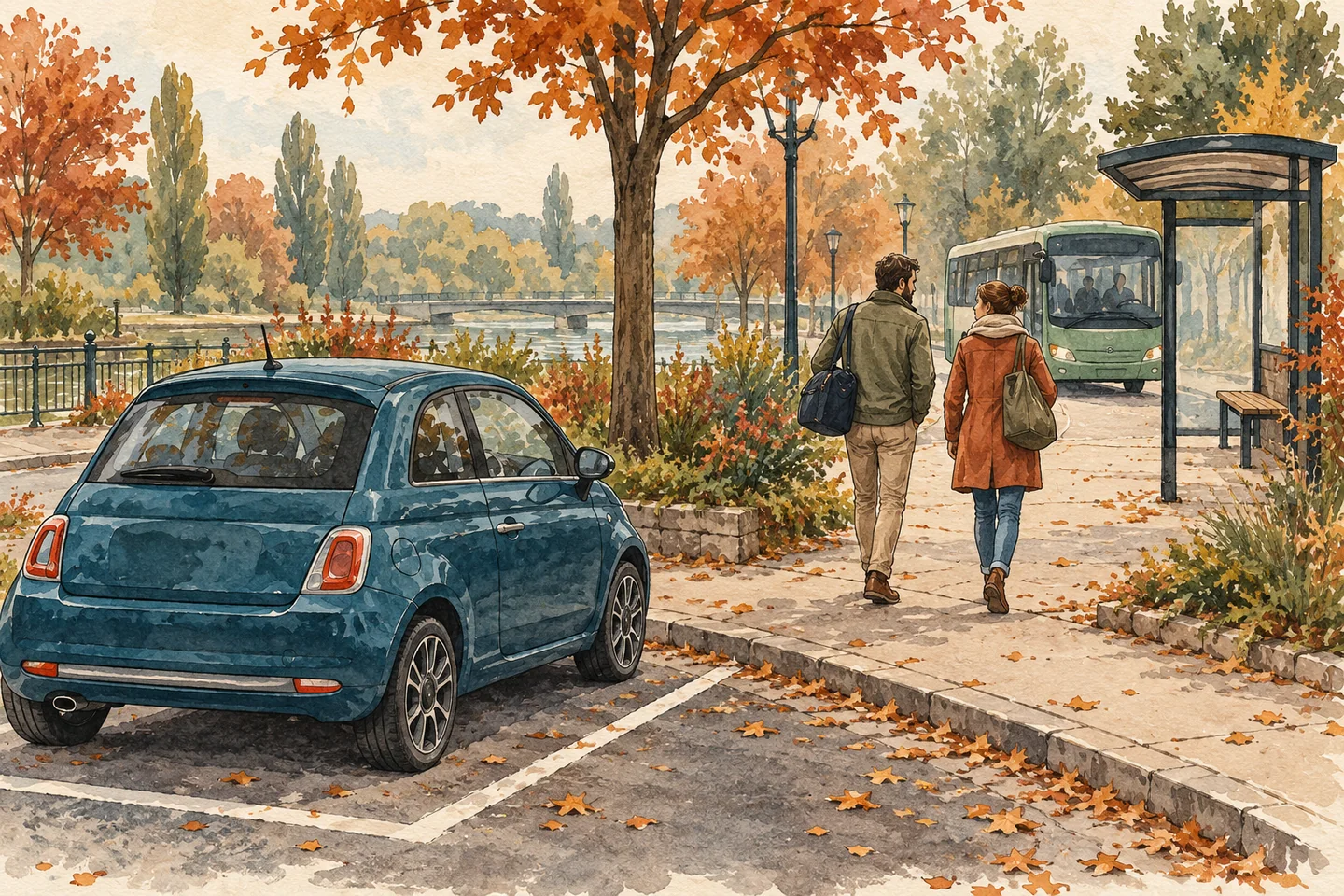 Illustration : voiture garée et deux voyageurs marchant vers un arrêt de bus.