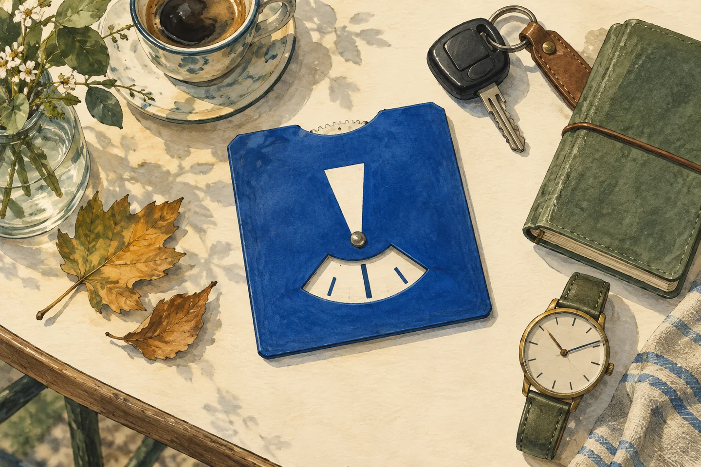 Illustration : disque de stationnement, clé de voiture et montre posés ensemble.