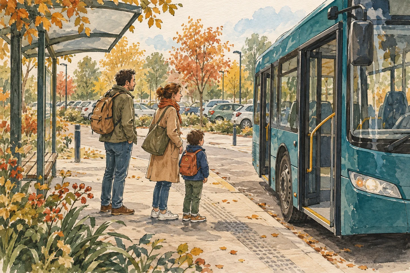 Illustration : famille attendant un bus à côté d’un parking arboré.