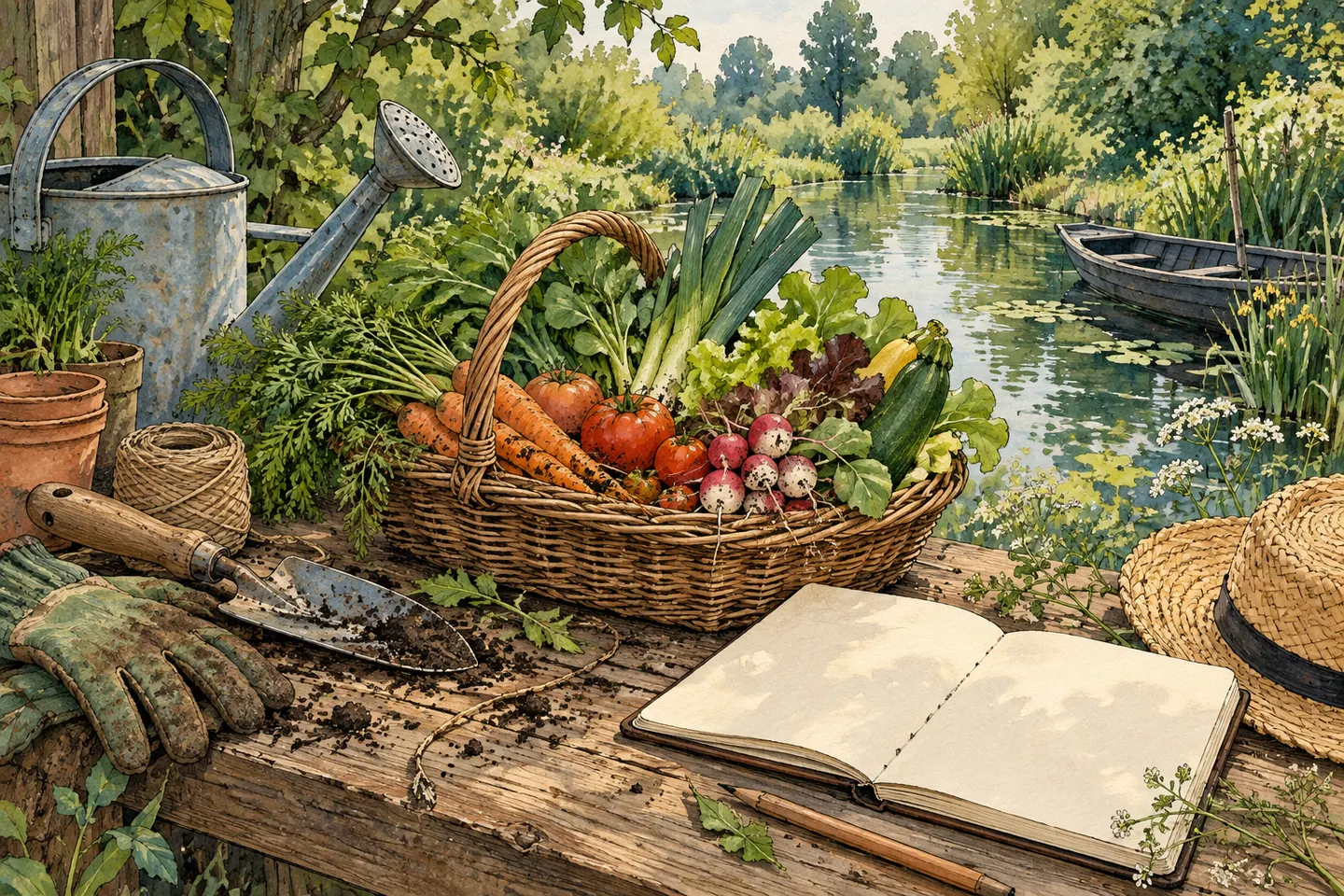 Illustration : panier de légumes, outils et carnet de jardinage